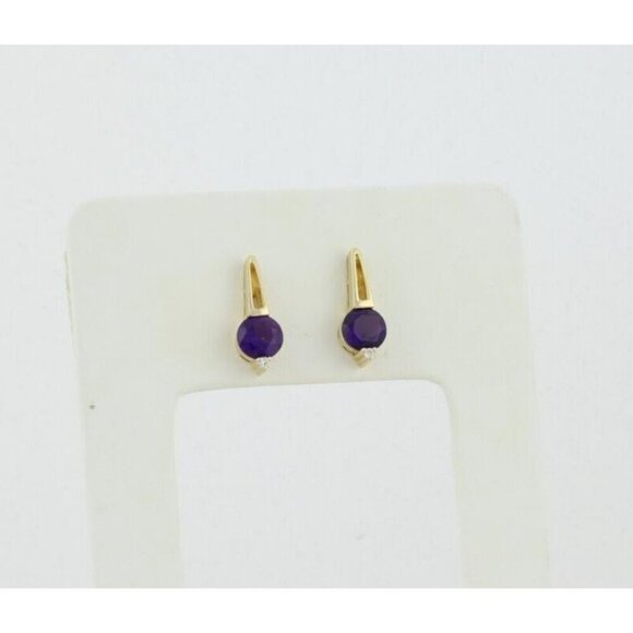 14k Yellow Gold Natural Amethyst & Diamond Earrings Stud Post - Picture 5 of 8
